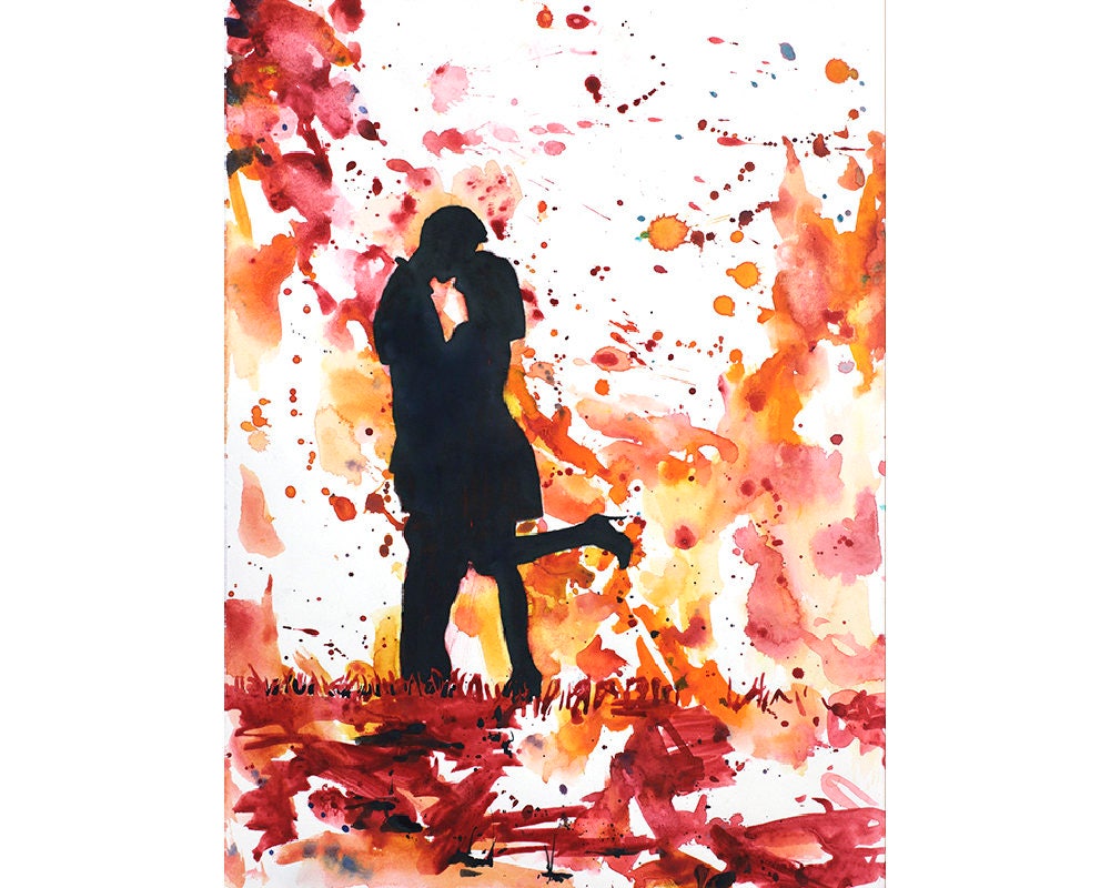 Couple kissing artwork.  Valentine's Day artwork.  Romantic artwork red yellow love painting