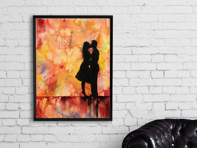 Silhouette of couple kissing, Valentines art, Romantic art, Romance artwork watercolor painting fine art print lovers artwork Valentines