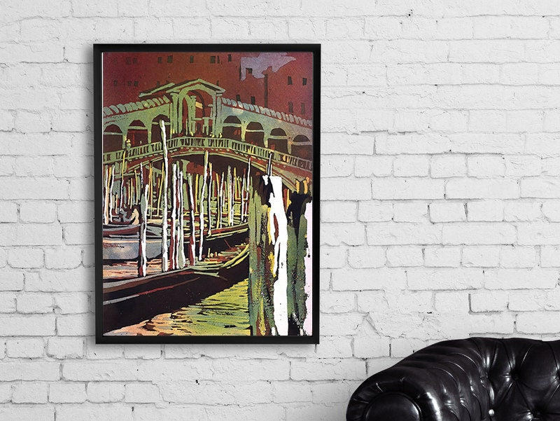 Venecia- Puente de Rialto y góndolas en la ciudad medieval de Venecia, Italia. Pintura en acuarela de la pintura artística de Venecia del Puente de Rialto en Venecia (impresión)