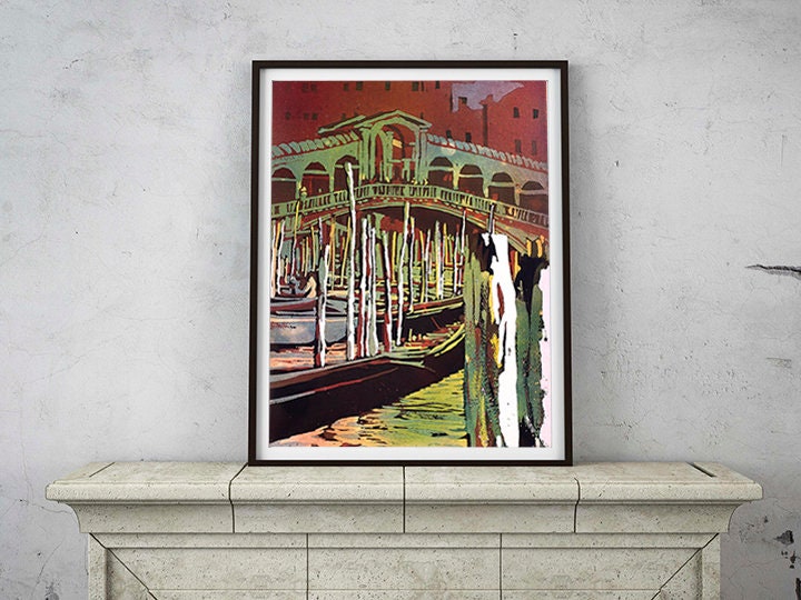 Venecia- Puente de Rialto y góndolas en la ciudad medieval de Venecia, Italia. Pintura en acuarela de la pintura artística de Venecia del Puente de Rialto en Venecia (impresión)
