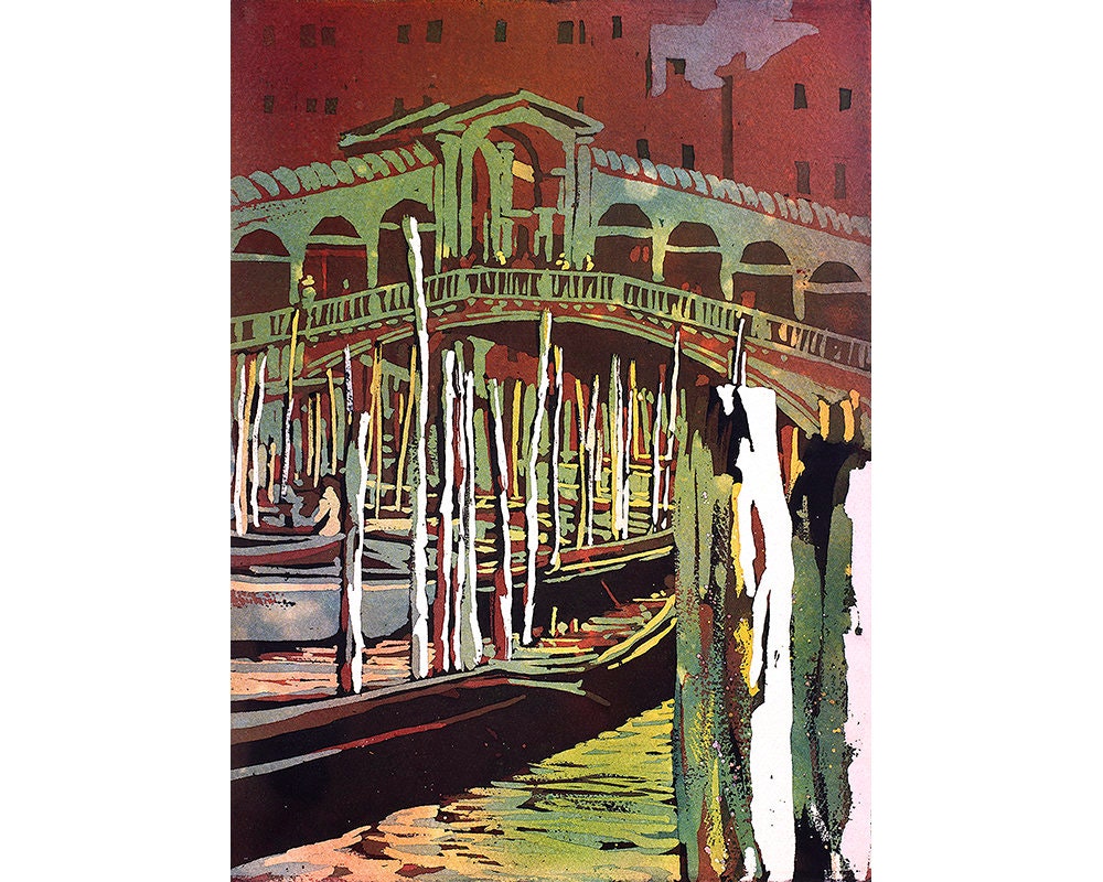 Venecia- Puente de Rialto y góndolas en la ciudad medieval de Venecia, Italia. Pintura en acuarela de la pintura artística de Venecia del Puente de Rialto en Venecia (impresión)