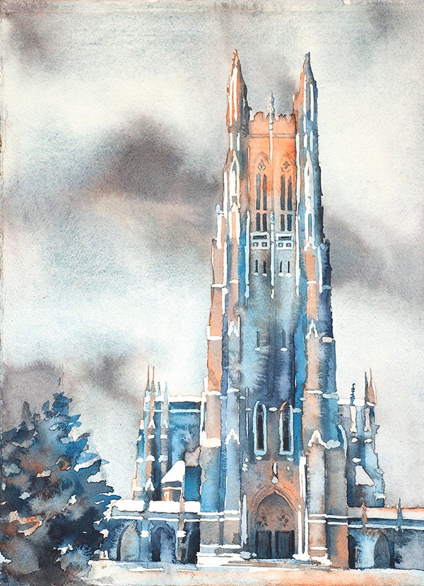 Gothic Duke Chapel illustrated in soft watercolor, framed as a fine art gift idea for Duke alumni and students — perfect for university-themed home decor.