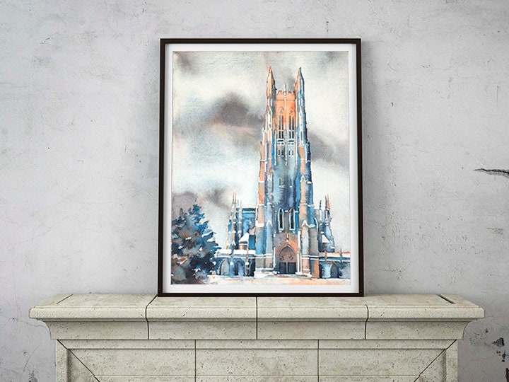 University artwork print of Duke Chapel in soft watercolor tones, a sentimental graduation gift for her and a sophisticated touch to any alumni home collection.