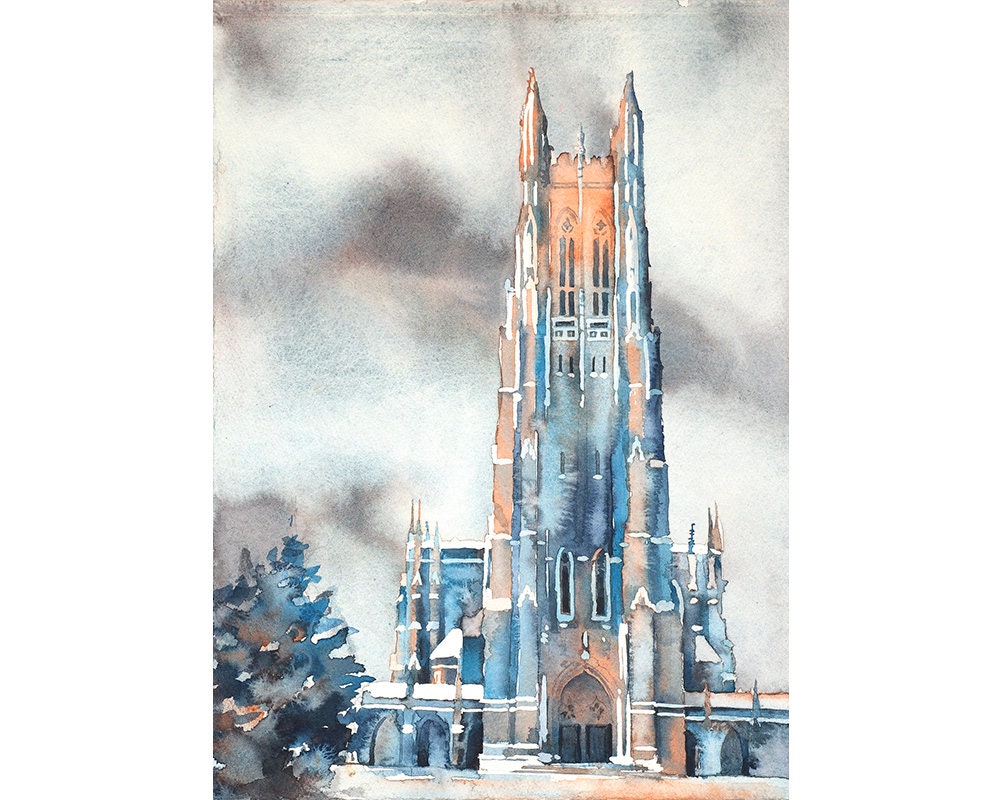Fine art watercolor of Duke University’s Duke Chapel, a timeless piece of graduation gift artwork that celebrates academic achievement and school pride.