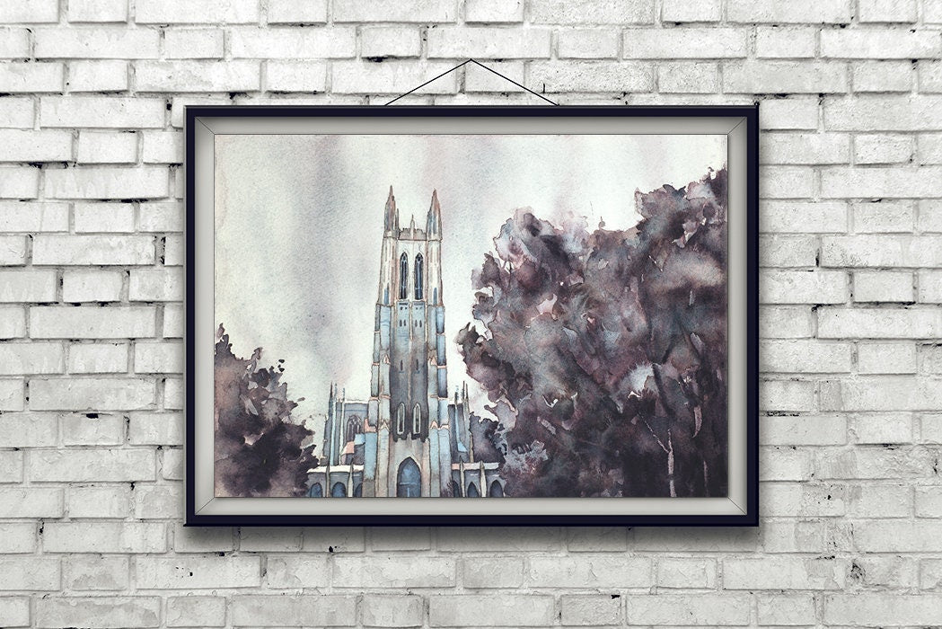 Chapel tower soaring into a bright blue sky in this watercolor Duke Chapel art print, ideal for Duke alumni, students, or as university-themed wall art.
