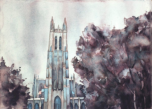 Classic Duke Chapel watercolor fine art print, showcasing gothic elegance and academic tradition—perfect for graduation or alumni gift giving.