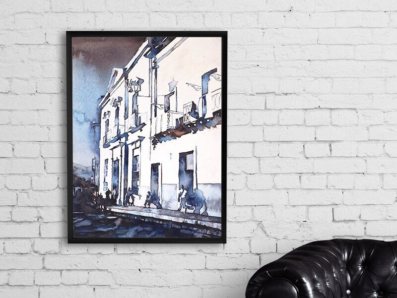 Guanajuato art watercolor painting capturing a vibrant Mexican street lined with balconies, arches, and colonial charm—ideal for cultural wall decor.