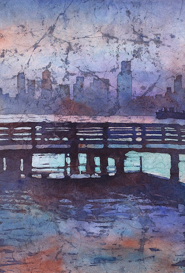 Horizonte de Seattle al anochecer. Acuarela batik pintura del horizonte de Seattle acuarela pintura arte batiklandscape pintura Seattle (original)