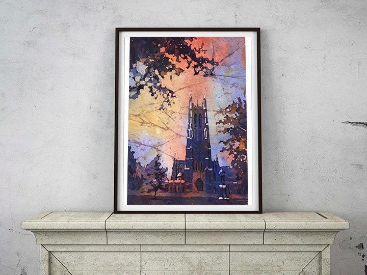 Duke Chapel on the Duke University campus- Durham, North Carolina (USA). Batik painting Duke University art print watercolor painting Duke (print)