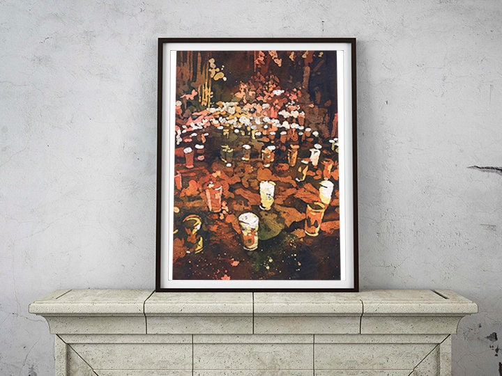 Fine art Day of the Dead artwork showing flickering candles in a Mexican graveyard at night, rendered in watercolor batik style—ideal for interior design and spiritual spaces.
