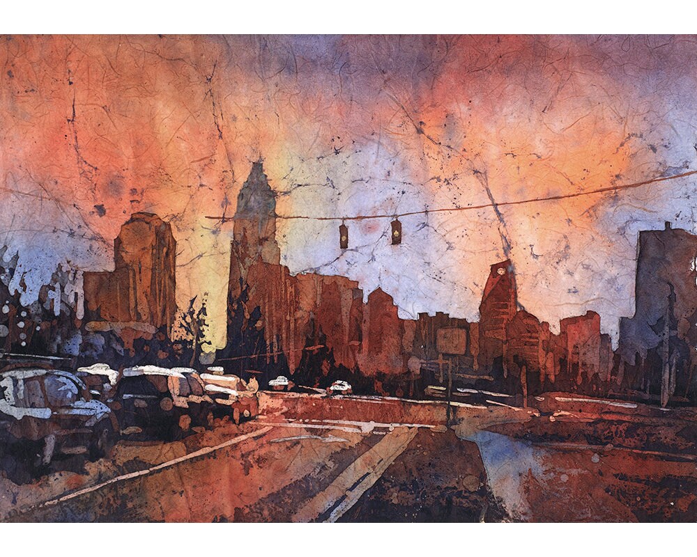 Horizonte de Charlotte, Carolina del Norte al atardecer, Carolina del Norte (EE.UU.). Charlotte horizonte acuarela batik bellas artes impresión giclee arte acuarela (impresión)