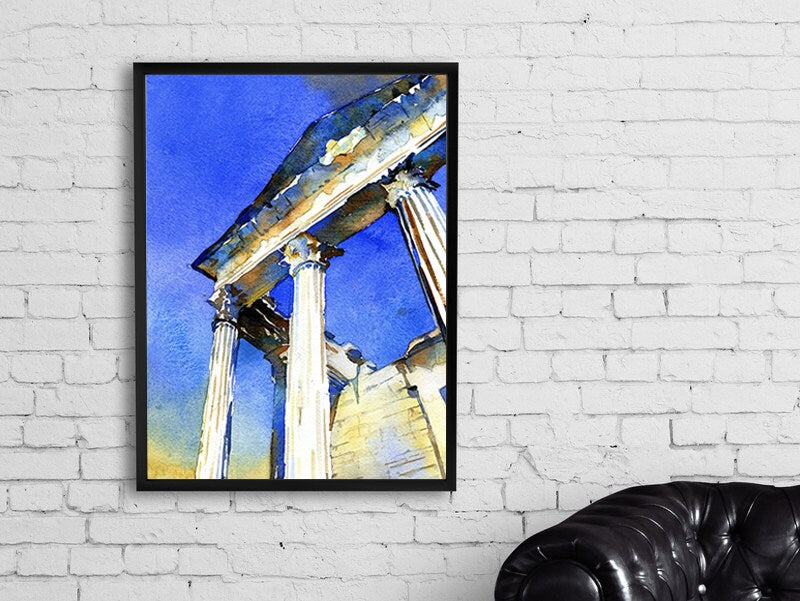 Templo romano en la ciudad de Dougga, Túnez. Pintura de acuarela Túnez Pintura de paisaje de arqueología romana (impresión)