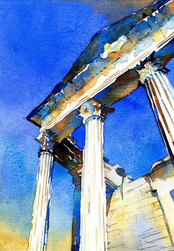 Templo romano en la ciudad de Dougga, Túnez. Pintura de acuarela Túnez Pintura de paisaje de arqueología romana (impresión)