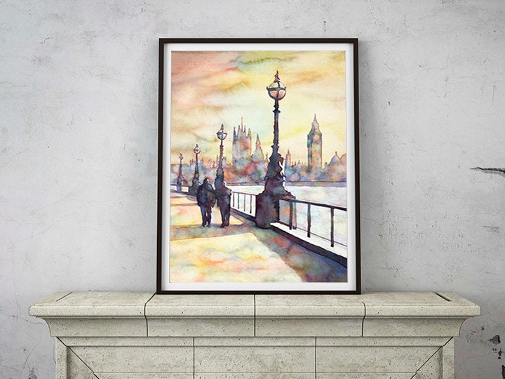 Big Ben y las Casas del Parlamento en la ciudad de Londres, Reino Unido: pintura de acuarela de bellas artes. Arte mural del Big Ben, Londres (impresión)