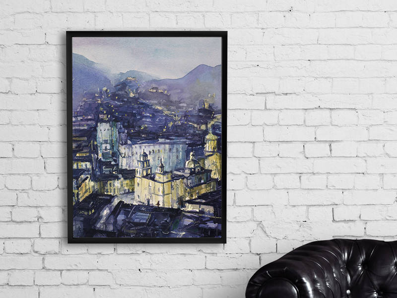 Watercolor cityscape painting of Guanajuato’s winding alleys at night, perfect for decorating small spaces or gifting to architecture and travel fans.