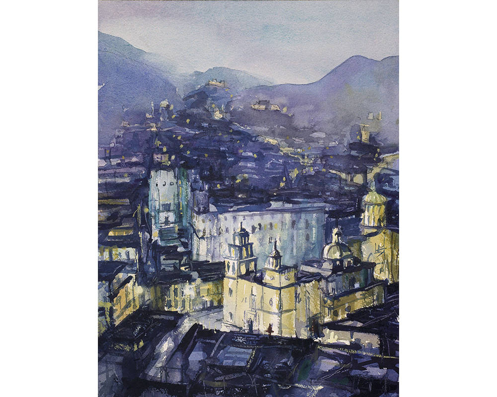 Peaceful and dramatic Guanajuato watercolor painting cityscape (print) featuring historic charm and nighttime ambiance—great for travel lovers and artful homes.