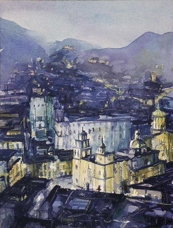 Guanajuato art print featuring a narrow nighttime alley in Mexico, with soft watercolor shadows and textured walls—great for global home decor themes.