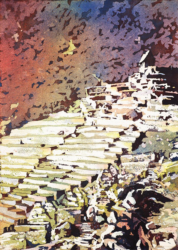Original fine art watercolor painting showing the perspective from the Hut of the Caretaker at Machu Picchu—ideal wall art for modern interiors or global decor themes.