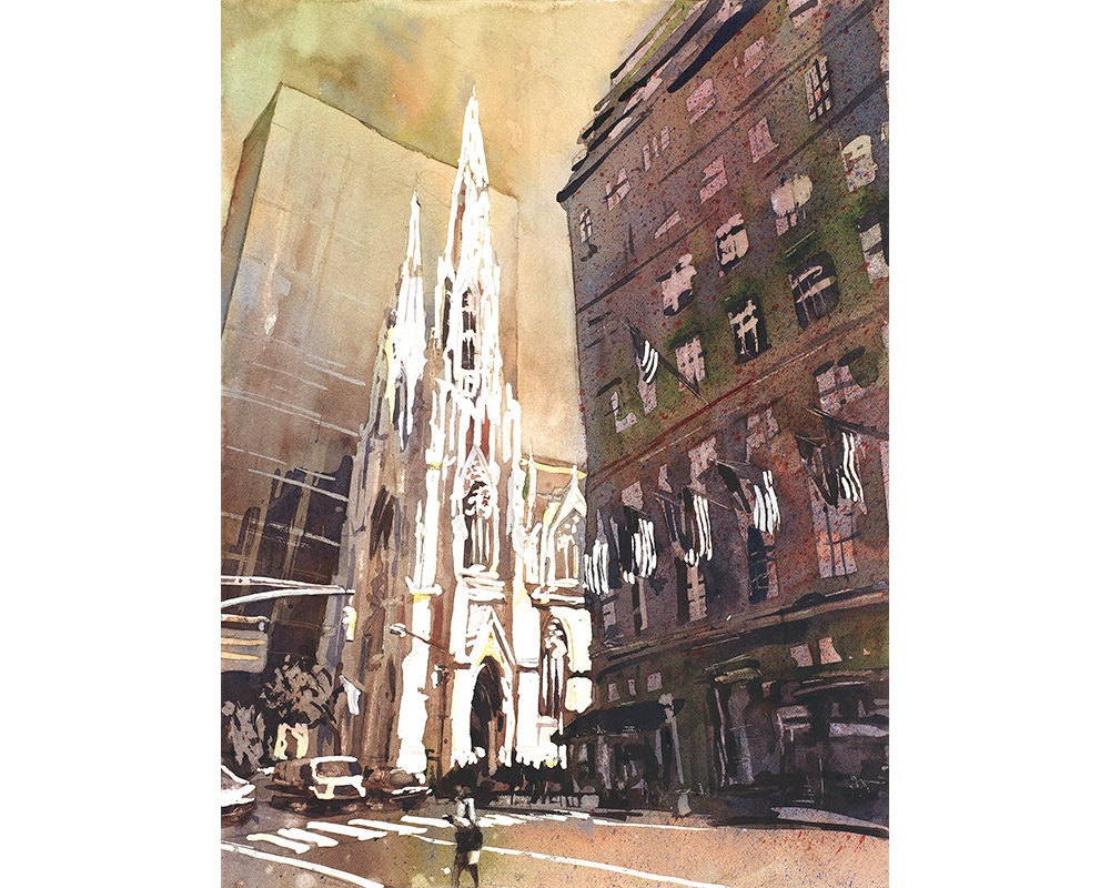 Catedral de San Patricio en acuarela de bellas artes de la ciudad de Nueva York. Pintura de la iglesia acuarela NYC bellas artes impresión giclee pintura de paisaje (impresión)