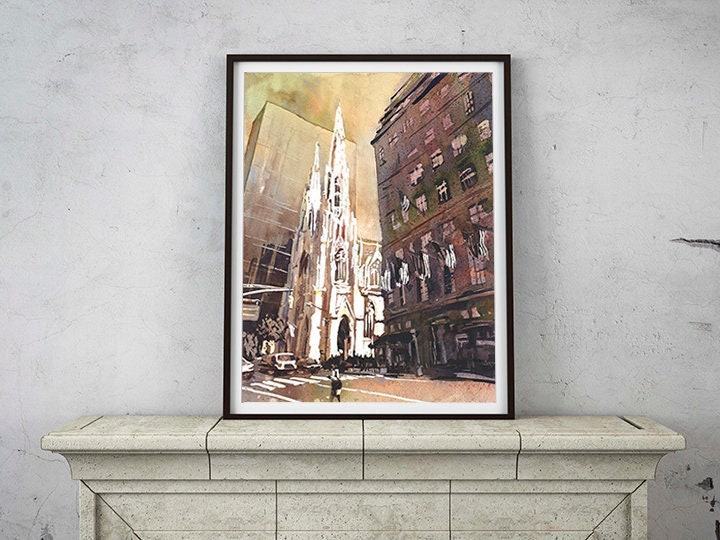 Catedral de San Patricio en acuarela de bellas artes de la ciudad de Nueva York. Pintura de la iglesia acuarela NYC bellas artes impresión giclee pintura de paisaje (impresión)