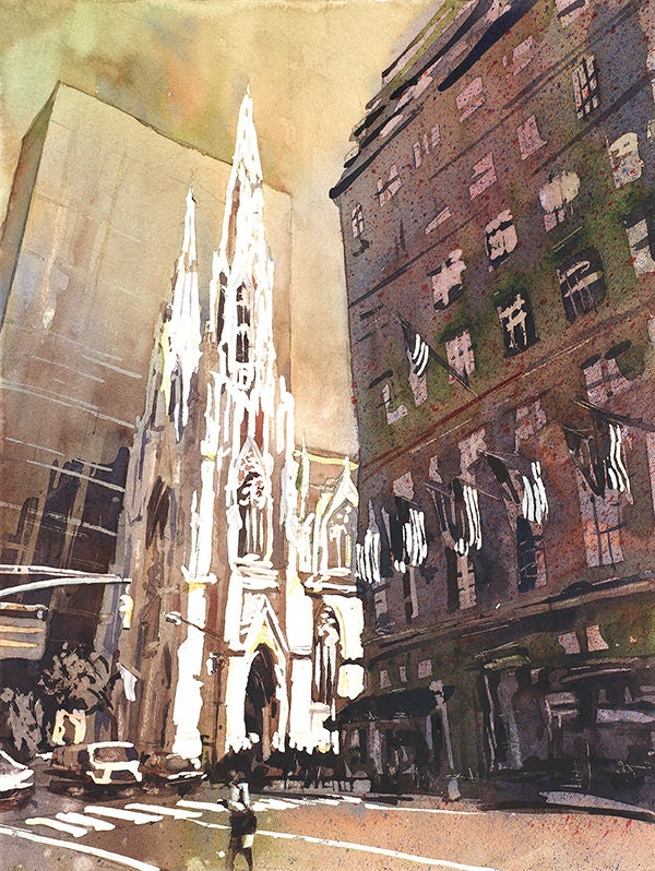 Catedral de San Patricio en acuarela de bellas artes de la ciudad de Nueva York. Pintura de la iglesia acuarela NYC bellas artes impresión giclee pintura de paisaje (impresión)