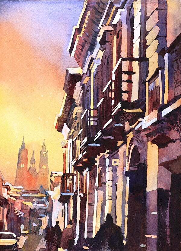 Watercolor painting of Basilica at sunset in city of Quito, Ecuador.  Watercolor Quito skyline fine art painting watercolor giclee print