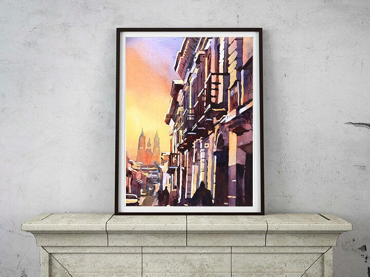 Watercolor painting of Basilica at sunset in city of Quito, Ecuador.  Watercolor Quito skyline fine art painting watercolor giclee print