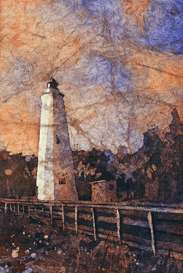Faro de la isla Ocracoke al atardecer en los Outer Banks (OBX) de Carolina del Norte, Estados Unidos. Acuarela batik faro bellas artes Outer Banks NC (impresión)