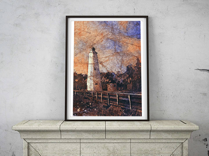 Faro de la isla Ocracoke al atardecer en los Outer Banks (OBX) de Carolina del Norte, Estados Unidos. Acuarela batik faro bellas artes Outer Banks NC (impresión)