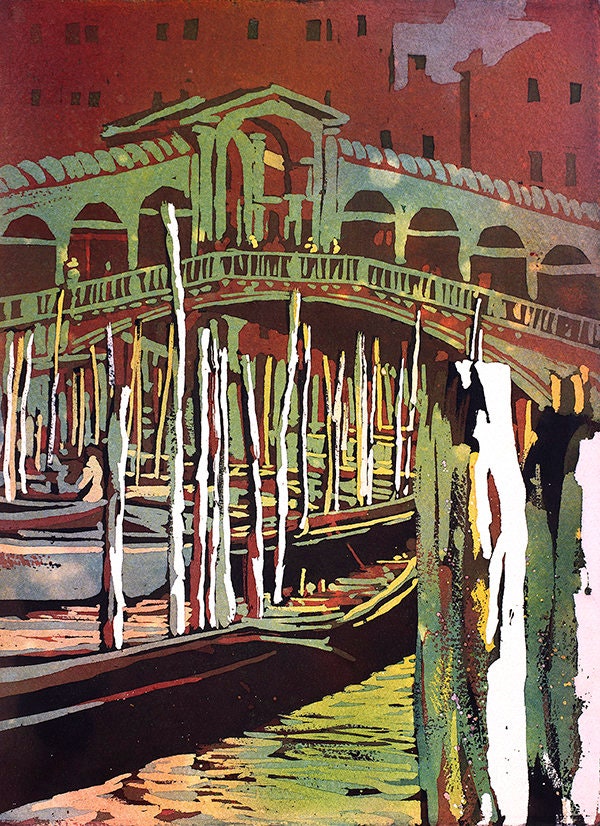 Venecia- Puente de Rialto y góndolas en la ciudad medieval de Venecia, Italia. Pintura en acuarela de la pintura artística de Venecia del Puente de Rialto en Venecia (impresión)