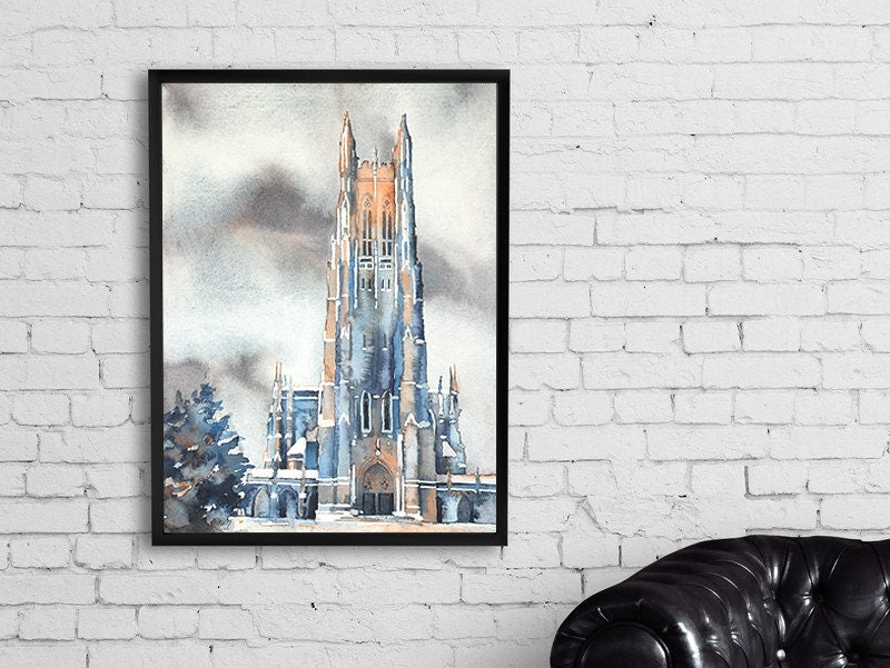 Watercolor landscape of Duke Chapel in Durham, NC, great for college graduation gifts, alumni appreciation gifts, or academic office decor.