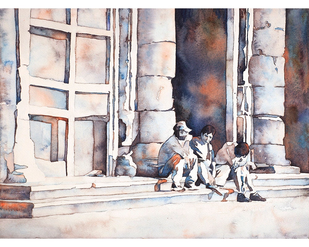 Watercolor of Morelia’s historic center with a church at its heart, framed by aged stucco walls and bright skies—great art for home/office collections.