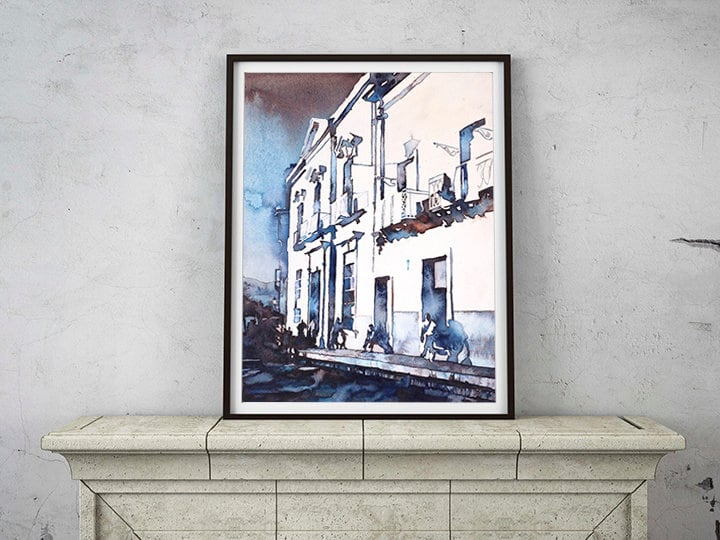 Watercolor street scene from historic Guanajuato, with pastel-colored buildings and winding alleys—perfect for home decor or as a meaningful gift for him or her.