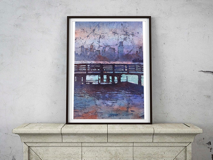 Horizonte de Seattle al anochecer. Acuarela batik pintura del horizonte de Seattle acuarela pintura arte batiklandscape pintura Seattle (original)