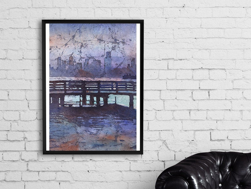Horizonte de Seattle al anochecer. Acuarela batik pintura del horizonte de Seattle acuarela pintura arte batiklandscape pintura Seattle (original)