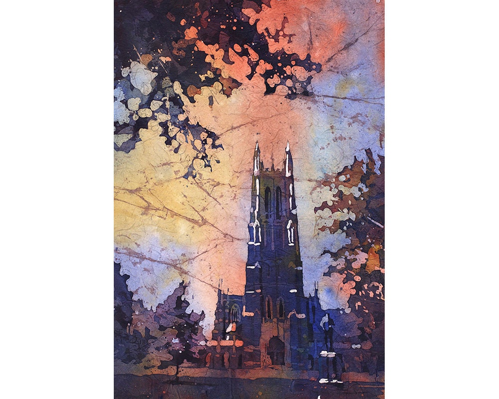 Duke Chapel on the Duke University campus- Durham, North Carolina (USA). Batik painting Duke University art print watercolor painting Duke (print)