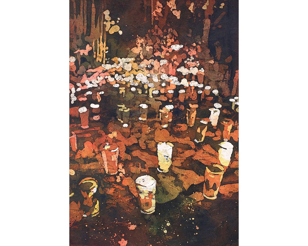 A glowing watercolor batik painting on rice paper of candlelit graves during Day of the Dead in Pátzcuaro, Mexico—perfect fine art print for cultural home decor.