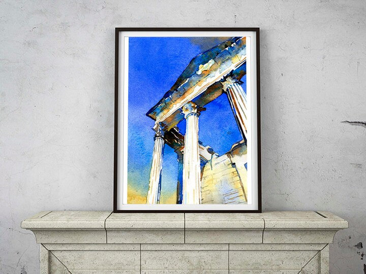 Templo romano en la ciudad de Dougga, Túnez. Pintura de acuarela Túnez Pintura de paisaje de arqueología romana (impresión)