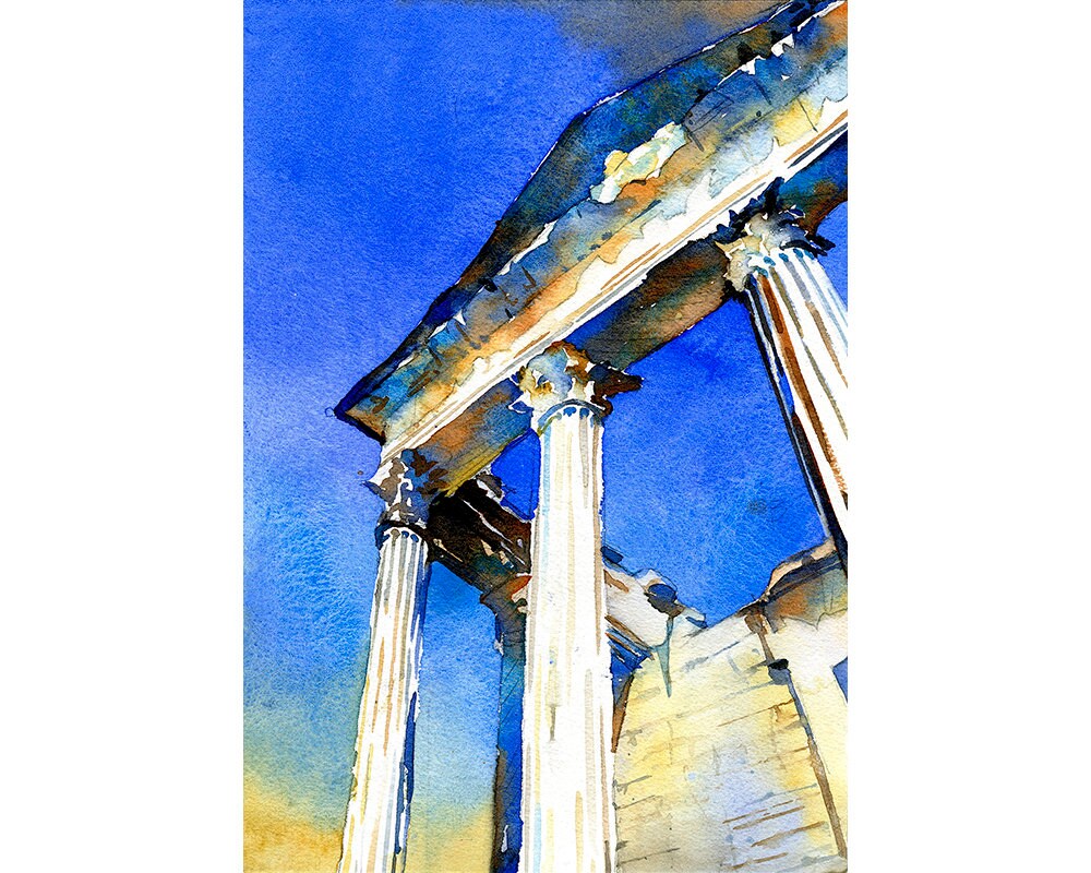 Templo romano en la ciudad de Dougga, Túnez. Pintura de acuarela Túnez Pintura de paisaje de arqueología romana (impresión)