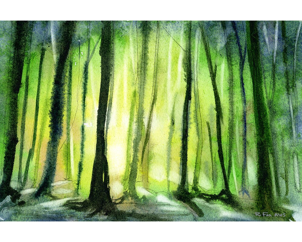Trees in forest silhouetted at sunset Watercolor painting of trees Green art forest painting landscape painting colorful (print)