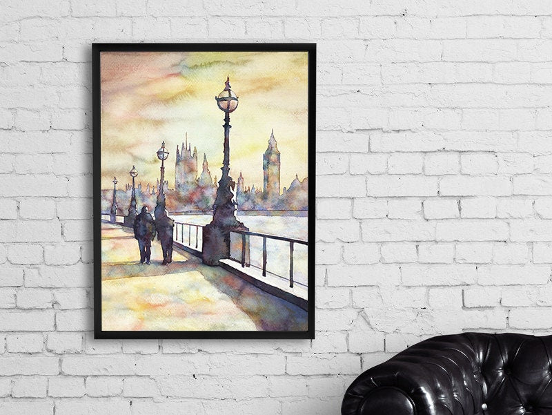 Big Ben y las Casas del Parlamento en la ciudad de Londres, Reino Unido: pintura de acuarela de bellas artes. Arte mural del Big Ben, Londres (impresión)