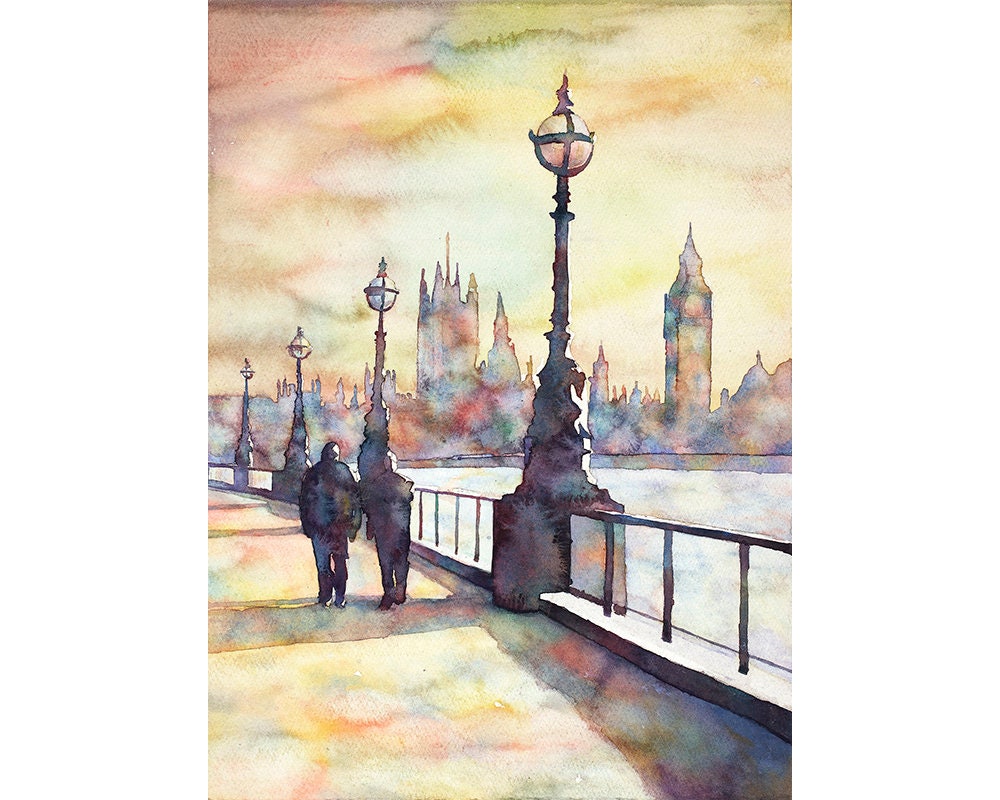Big Ben y las Casas del Parlamento en la ciudad de Londres, Reino Unido: pintura de acuarela de bellas artes. Arte mural del Big Ben, Londres (impresión)