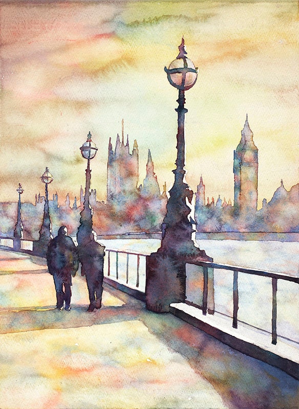 Big Ben y las Casas del Parlamento en la ciudad de Londres, Reino Unido: pintura de acuarela de bellas artes. Arte mural del Big Ben, Londres (impresión)