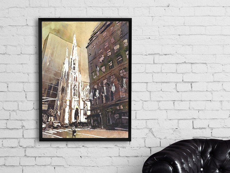 Catedral de San Patricio en acuarela de bellas artes de la ciudad de Nueva York. Pintura de la iglesia acuarela NYC bellas artes impresión giclee pintura de paisaje (impresión)