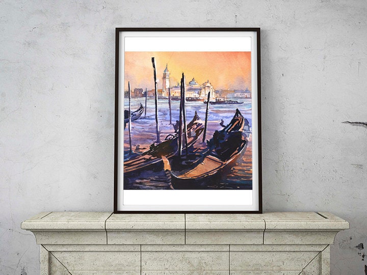 Fine art watercolor print of Venice’s Grand Canal with glowing moon and architectural landmarks.