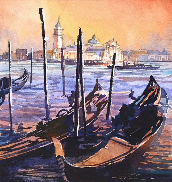 Dreamy Venice cityscape painting showcasing canal reflections and iconic Italian landmarks.