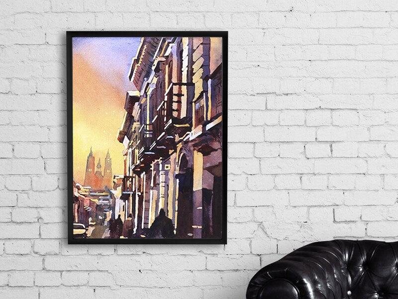 Watercolor painting of Basilica at sunset in city of Quito, Ecuador.  Watercolor Quito skyline fine art painting watercolor giclee print