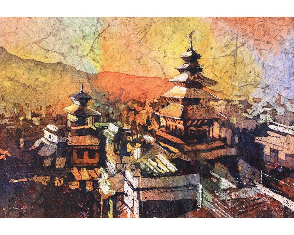Pintura de un templo hindú al atardecer en la ciudad de Bhaktapur (Valle de Kahtmandú), Nepal, pintura de batik en acuarela, templo de Nepal, arte de Bhaktapur (impresión)