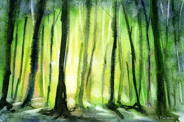 Trees in forest silhouetted at sunset Watercolor painting of trees Green art forest painting landscape painting colorful (print)