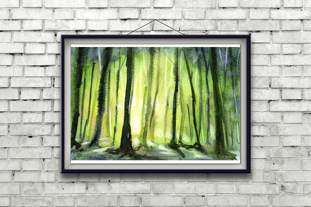 Trees in forest silhouetted at sunset Watercolor painting of trees Green art forest painting landscape painting colorful (print)